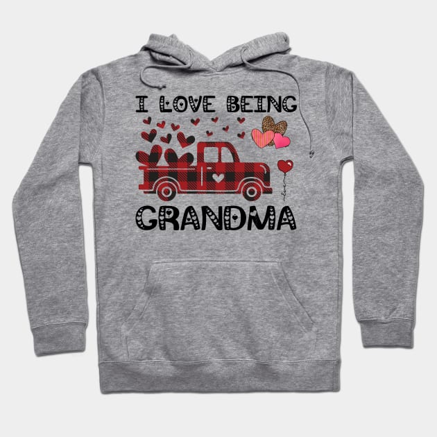 I Love Being Grandma Red Plaid Truck Hearts Valentine's Day Hoodie by DragonTees